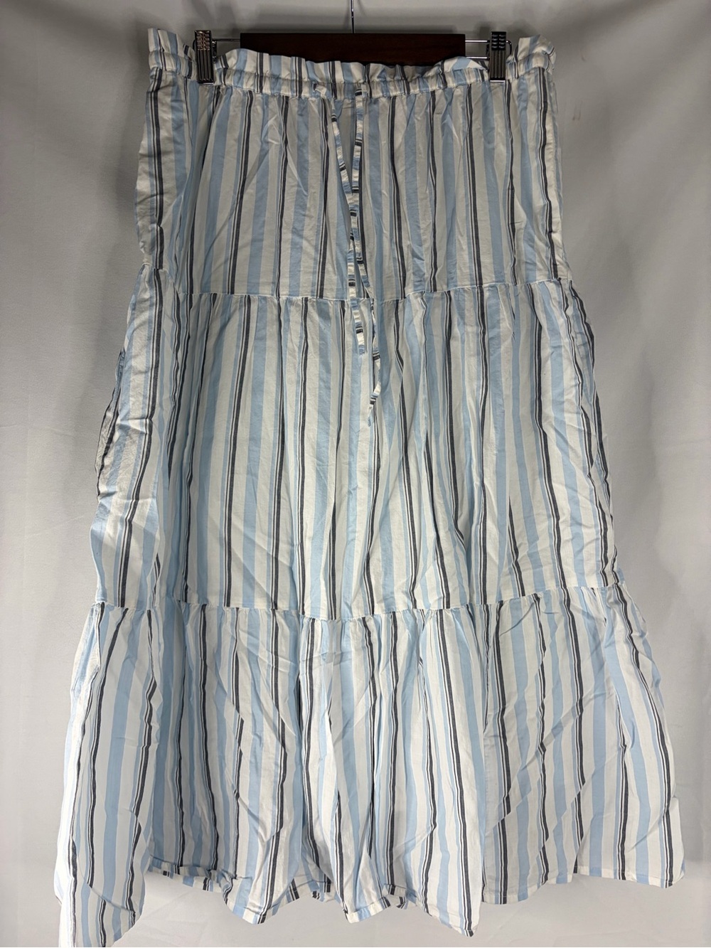 Light Blue Striped Tiered Midi Skirt